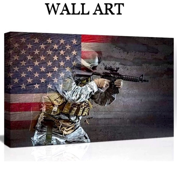 WALL ART Retro USA American Flag/US Military Soldier Canvas Print size12x16 NWT - Picture 1 of 8